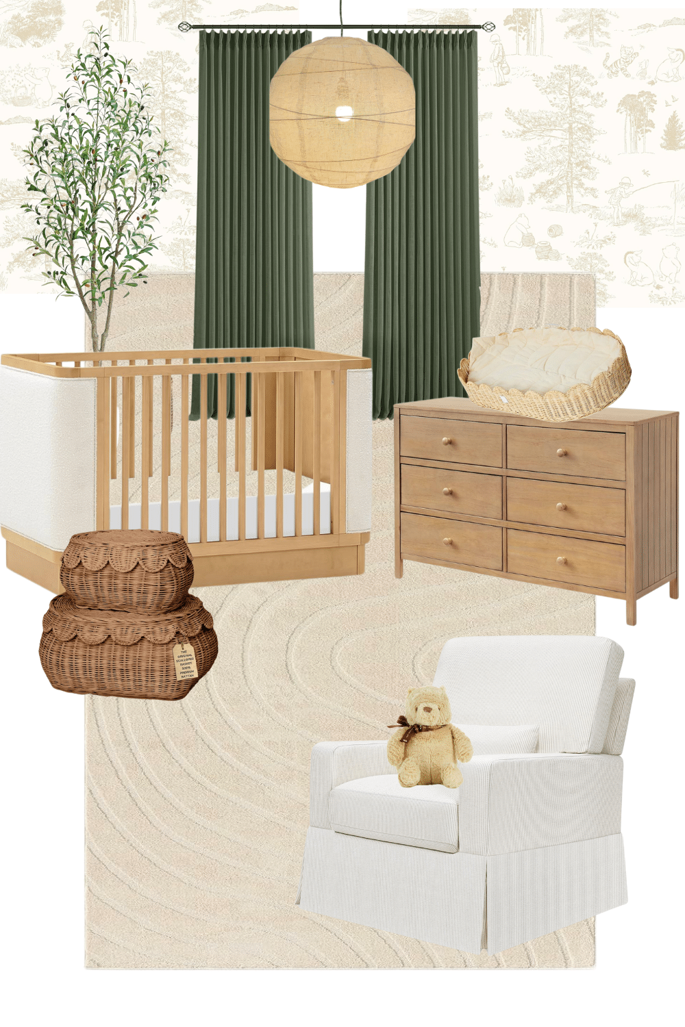cream nursery Modern organic nursery with natural wood crib, olive green curtains, neutral textured rug, woven pendant light, wooden dresser, and cozy armchair with teddy accent.