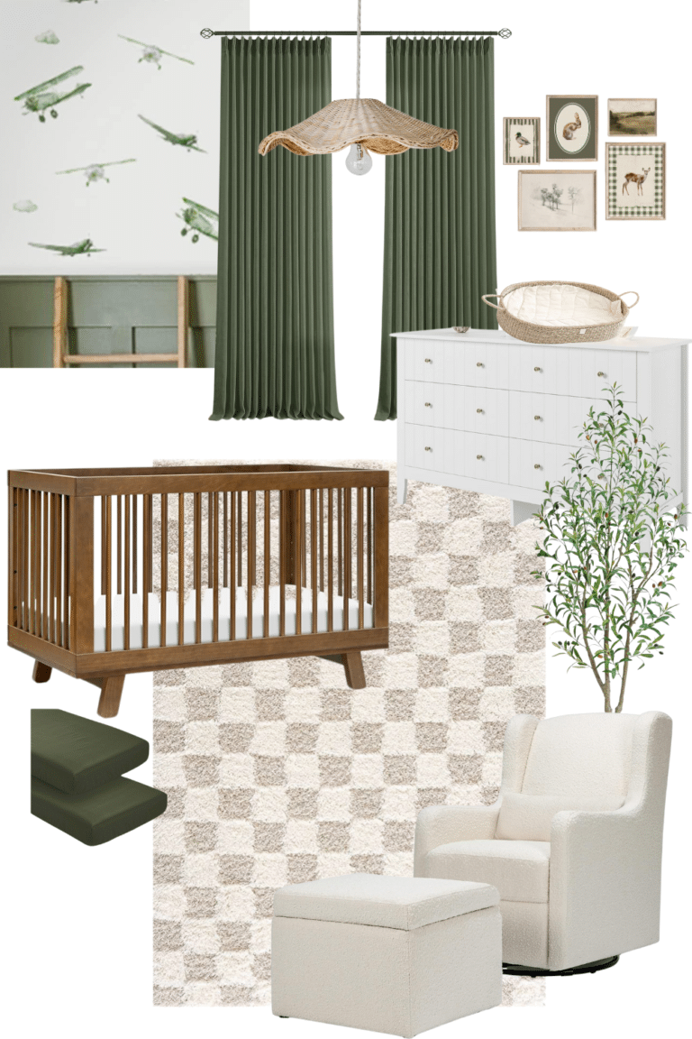 Organic modern boy nursery mood board with warm wood crib, olive green curtains, woven textures, and neutral decor.