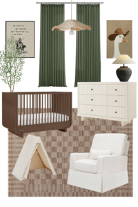 mood board reflects a modern, organic nursery with a subtle Western-inspired accent.
