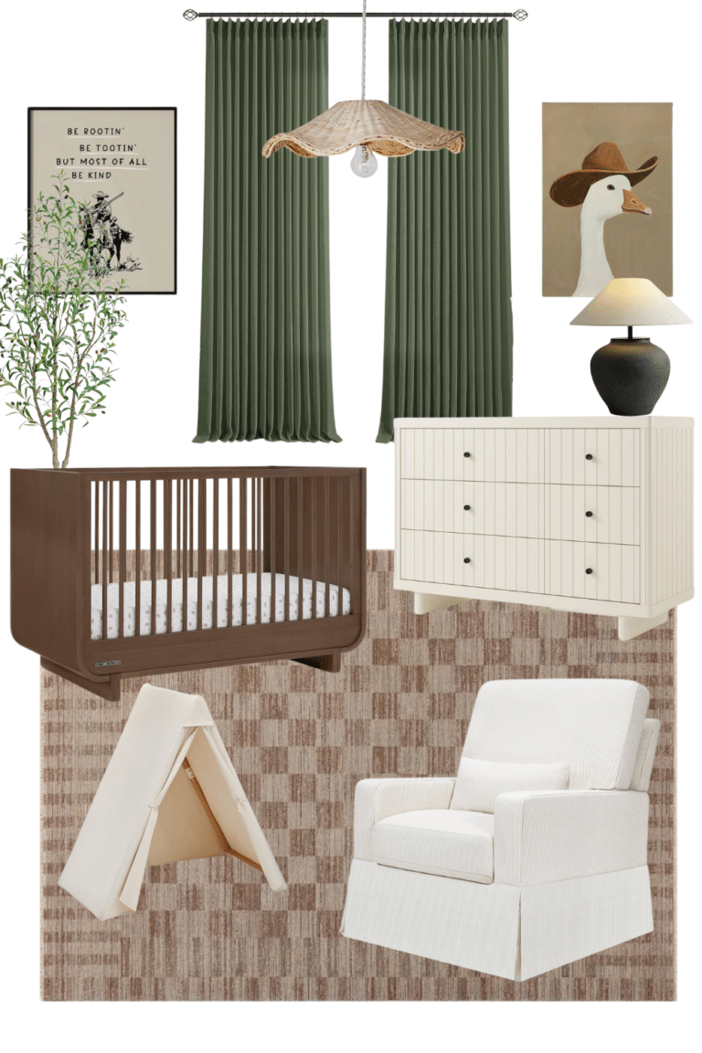 Modern organic nursery with wooden crib, olive green curtains, neutral textured rug, woven pendant light, minimalist dresser, and subtle Western art accent