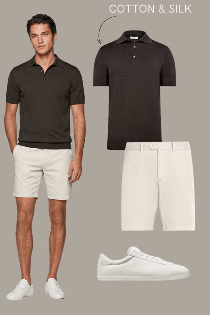 Casual dressy men’s outfit featuring a cotton and silk short-sleeve polo, tailored neutral shorts, and white minimalist sneakers styled as a timeless capsule wardrobe look.