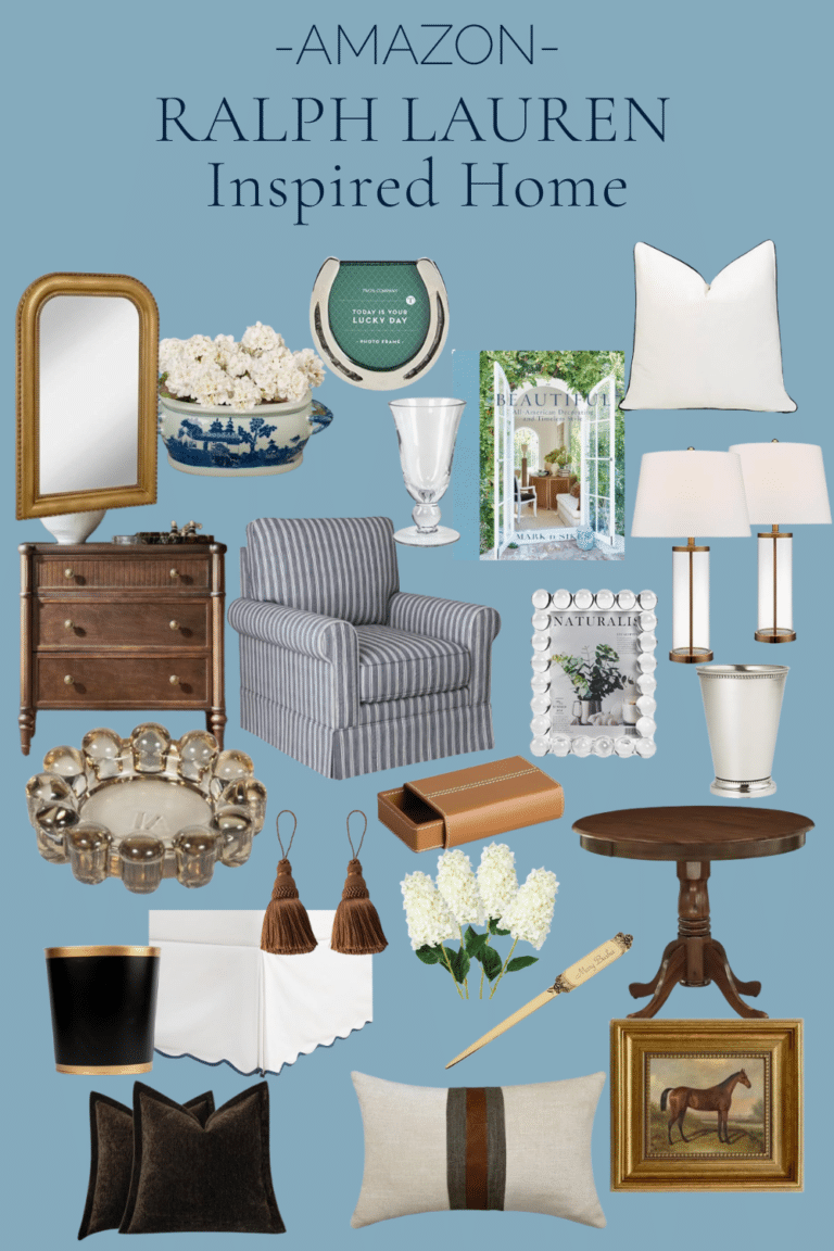Ralph Lauren inspired home decor collage featuring classic furniture, neutral pillows, traditional table lamps, vintage artwork, equestrian accents, and timeless Amazon home decor finds.