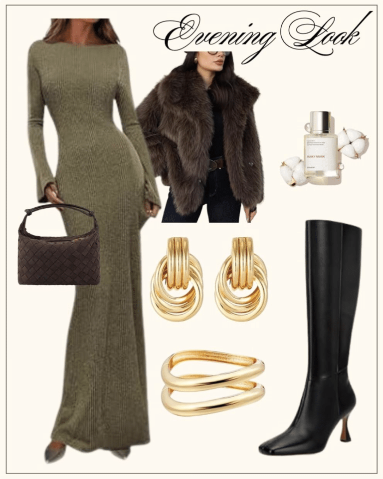 Winter dress outfit featuring a sage green long sleeve maxi knit dress, brown faux fur jacket, gold jewelry, brown suede purse, and black heeled boots