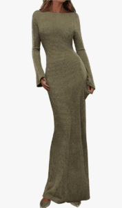Sage green long sleeve maxi knit dress styled for winter date night