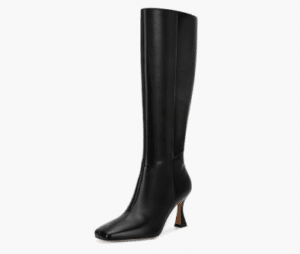 Sleek black leather heeled boots paired with a maxi knit dress