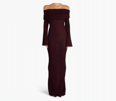 Maroon Long Sleeve Off Shoulder Maxi Dress