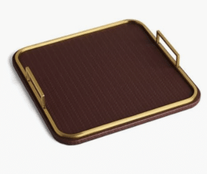 Decorative Tray, Leather with Woven Texture, Brushed Brass Handles