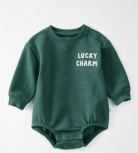 Baby Organic Cotton green Lucky Charm Bubble onesie with embroidered lucky charm on chest.
