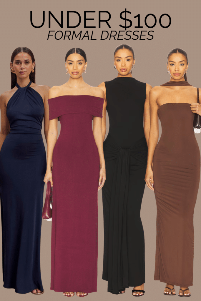 Four women wearing elegant wedding guest dresses under $100 in neutral tones including navy, burgundy, black, and brown. Minimalist formal dresses suitable for summer weddings, bridesmaid alternatives, and evening events.