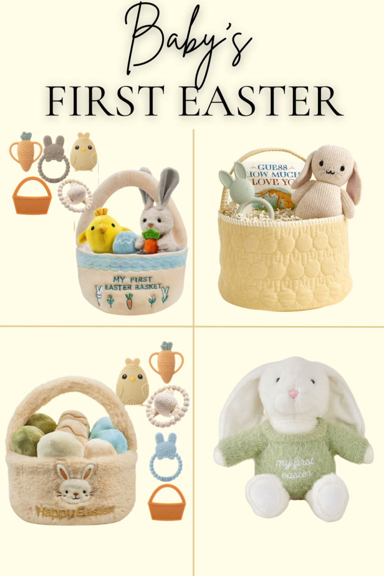 Baby’s first Easter basket ideas collage featuring non-candy baby gifts like bunny plush toys, baby teethers, soft Easter baskets, and keepsake Easter gifts
