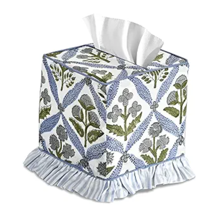 Blue Print Ruffle Tissue Box Cover