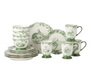 Bunny stoneware DINNERWARE SET Scalloped Floral Toile Design