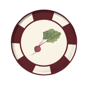 Radish Appetizer Paper Plate Set features our signature graphic border with a hand painted radish motif in the center. This plate set is the perfect accent to any table setting for an Easter celebration, garden party or spring gathering.