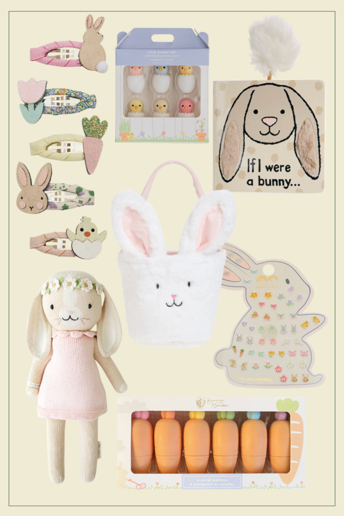Toddler girl Easter basket ideas collage with candy-free Easter basket stuffers including bunny clips, a bunny basket, board book, doll, stickers, and carrot markers