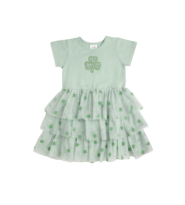 Mint green bodice with a pearl embellished shamrock and a mint green tulle skirt overlay with flocked shamrocks