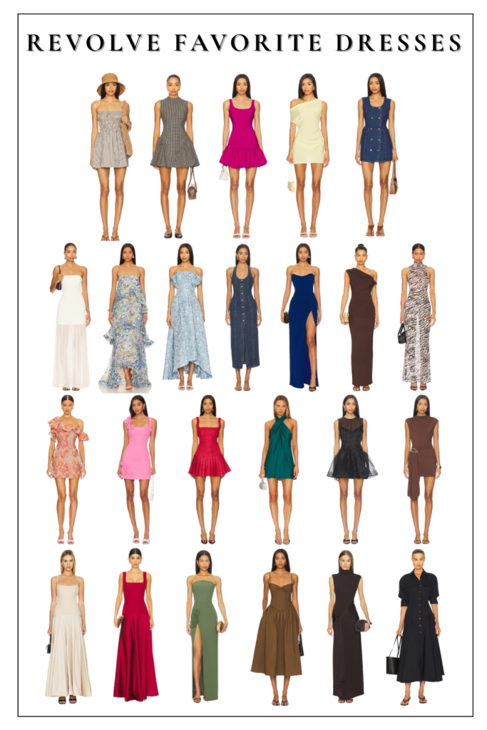 A curated collage of my favorite Revolve dresses for any occasion, including everyday outfits, occasion wear, vacation pieces, and finds I’m currently loving.