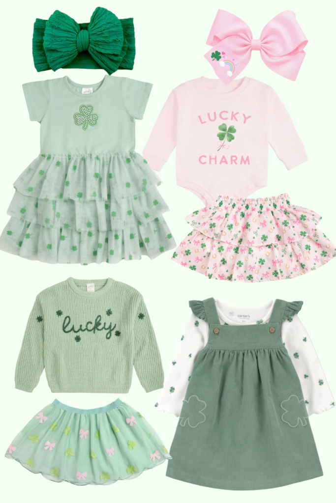 st patricks day baby hirl green and pink outfits such as onesies, dresses, bows, and tutus
